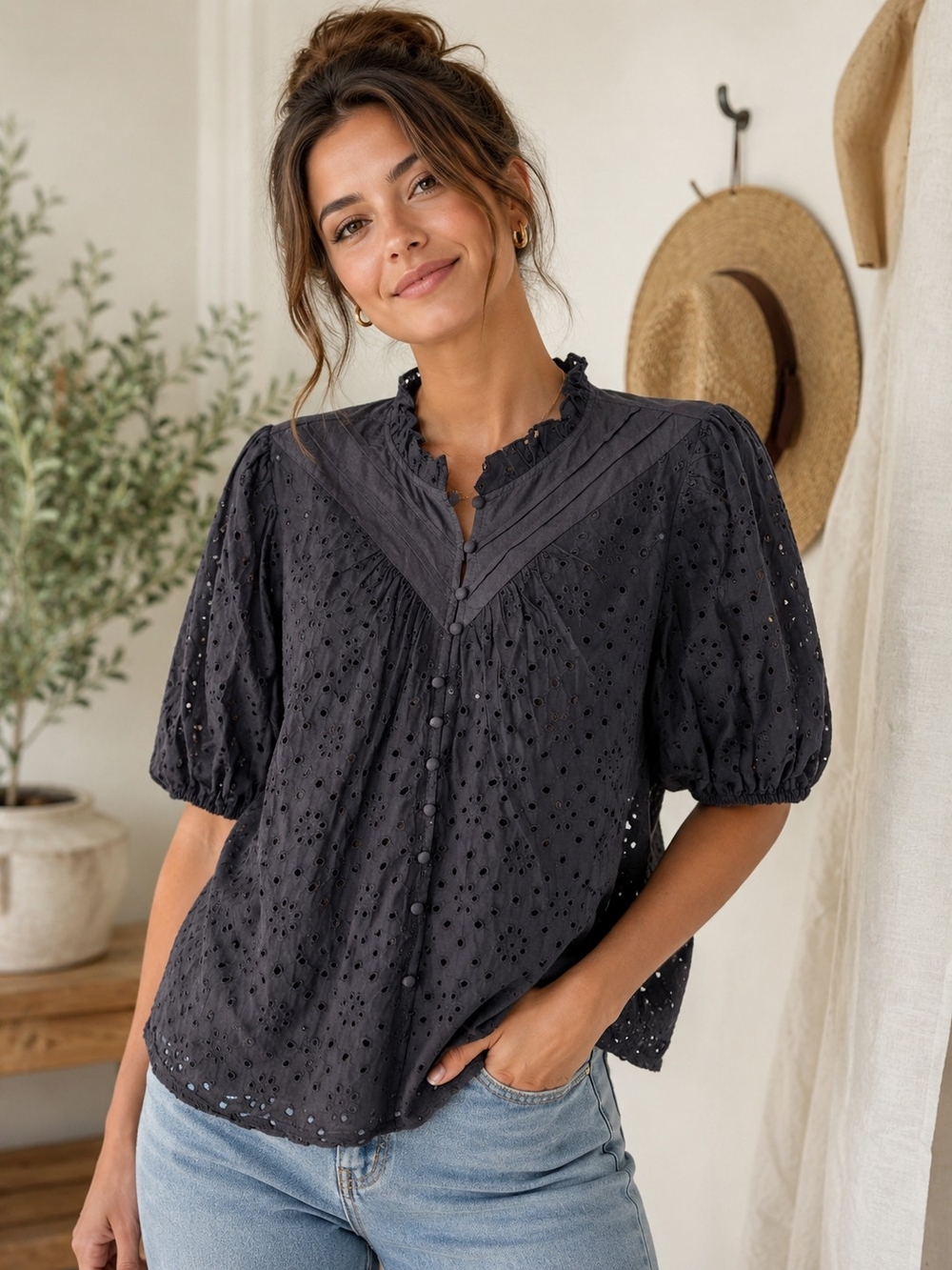 Women's Black Eyelet Button-Front Blouse